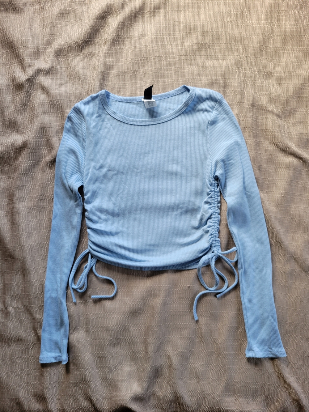 Windsor Blue Ribbed Knit Ruched Side Tie Long Sleeve Crop Top Y2K